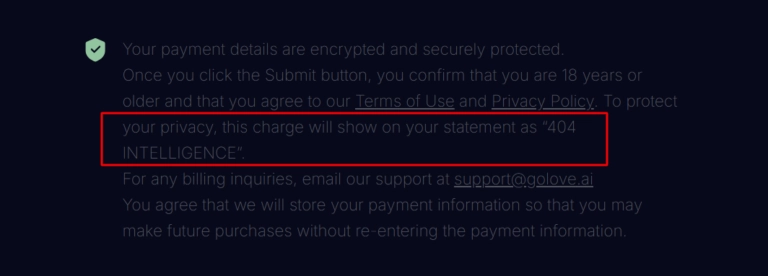 GoLove AI Privacy- Discreet Billing